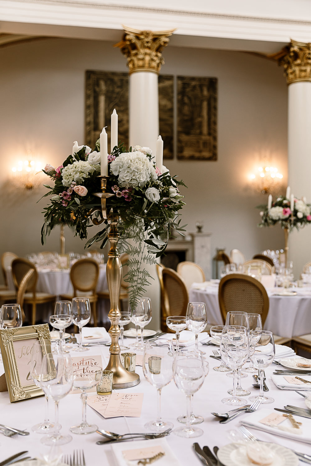 Candelabra Greenery Hydrangea Table Centrepiece Lartington Hall Wedding Hayley Baxter Photography