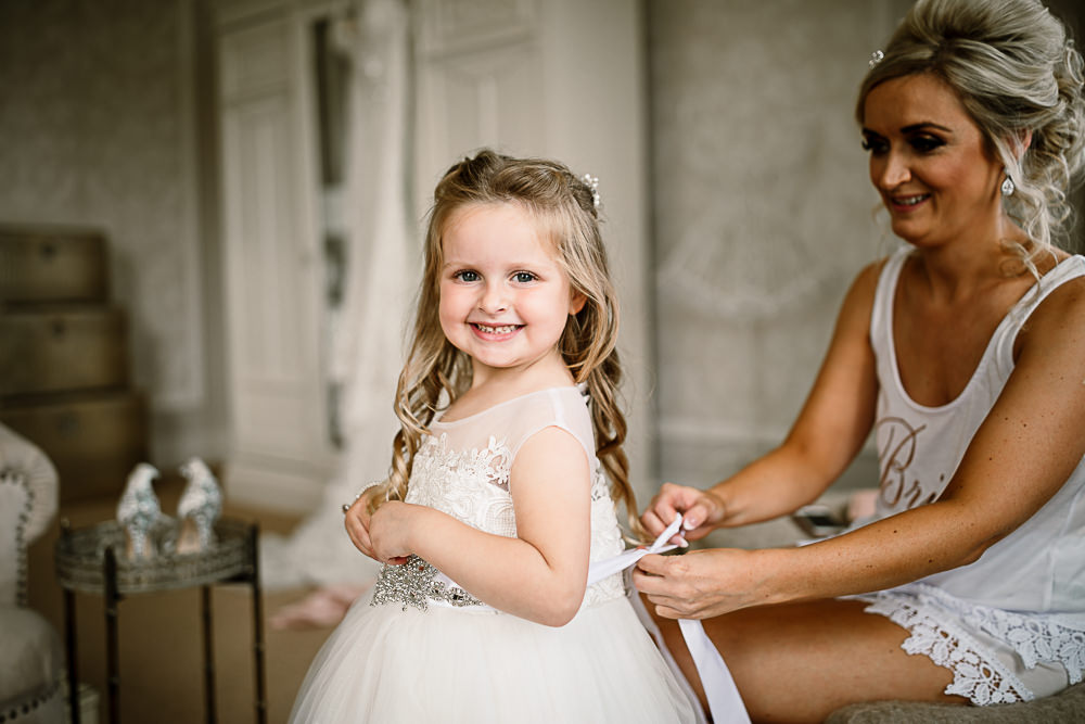 Flower Girl Embellished Belt Train Tulle Lartington Hall Wedding Hayley Baxter Photography