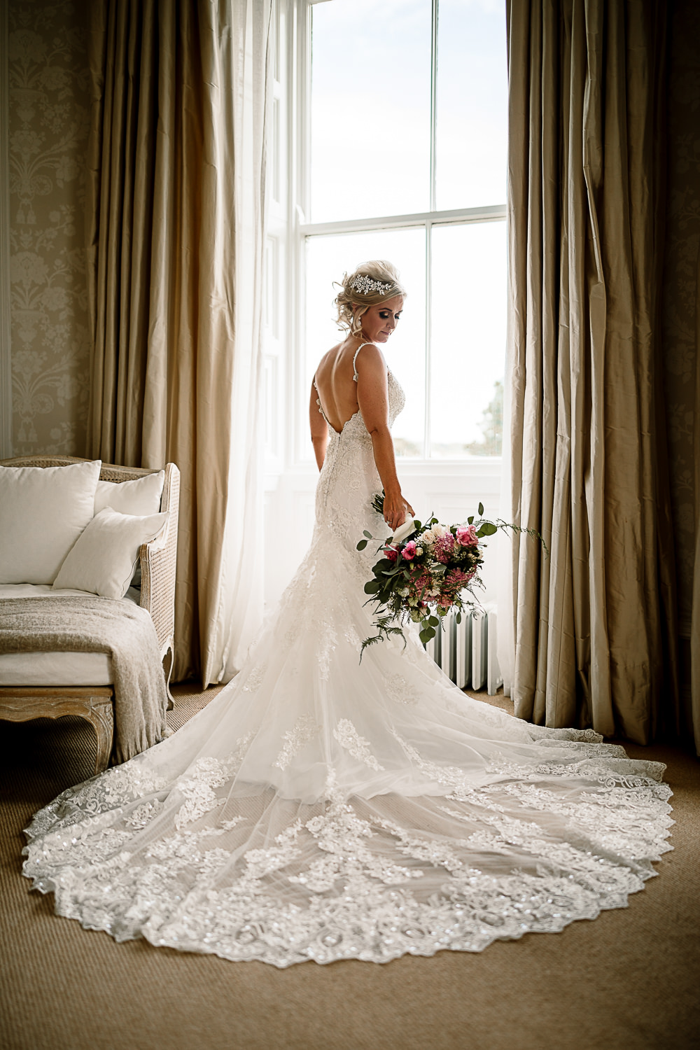 Bride Bridal Dress Gown Spaghetti Strap Lace Train Veil Hair Piece Pink White Large Eucalyptus Bouquet Lartington Hall Wedding Hayley Baxter Photography