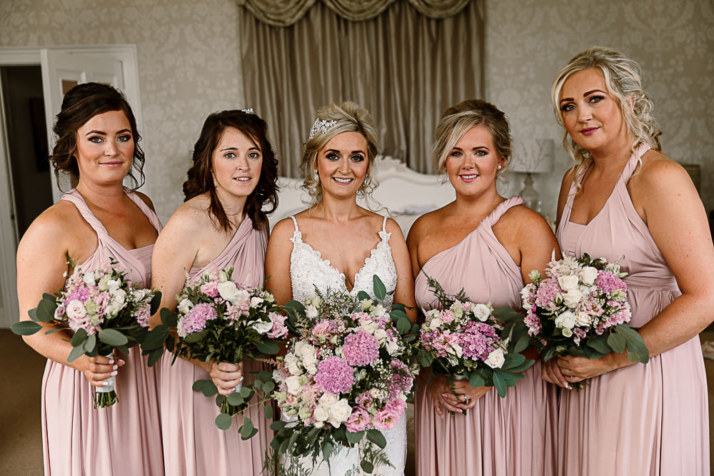Bride Bridal Dress Gown Spaghetti Strap Lace Train Veil Hair Piece Multiway Bridesmaids Pink White Large Eucalyptus Bouquet Lartington Hall Wedding Hayley Baxter Photography