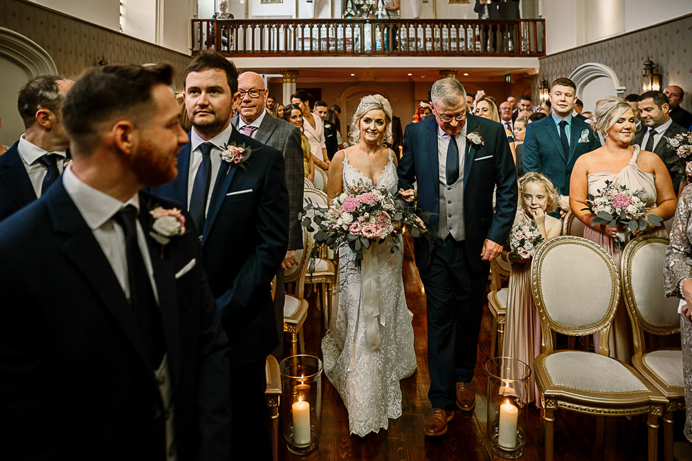 Bride Bridal Dress Gown Spaghetti Strap Lace Train Veil Hair Piece Navy Suit Groom Pink White Large Eucalyptus Bouquet Lartington Hall Wedding Hayley Baxter Photography