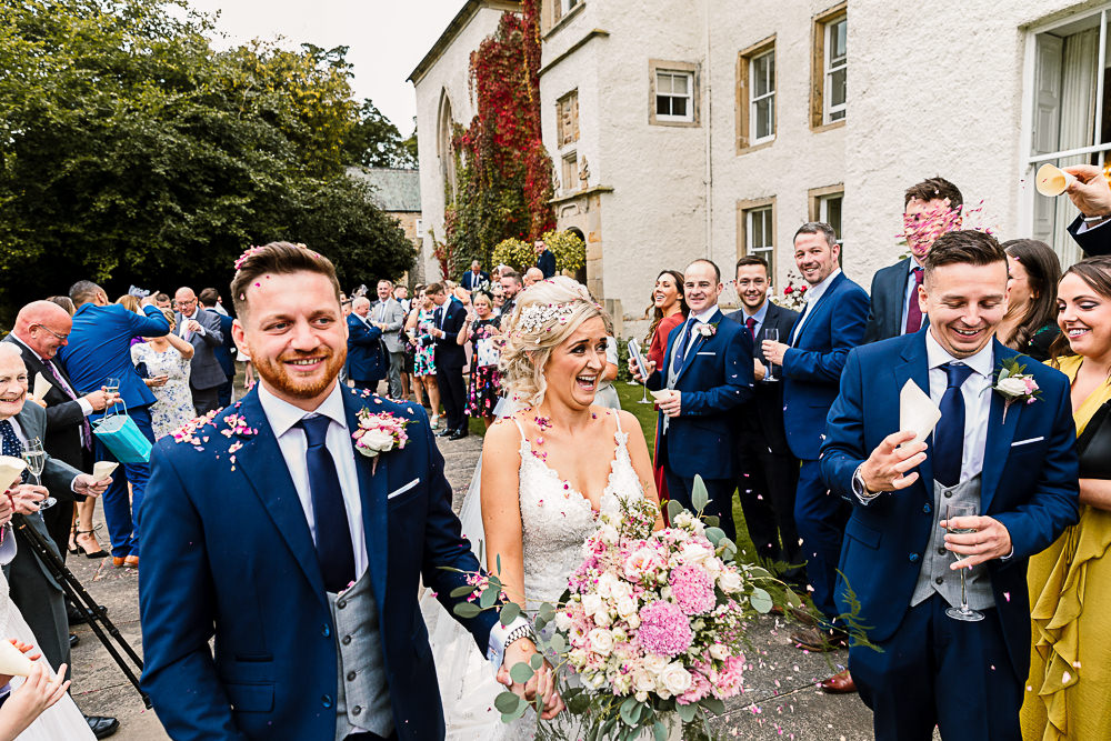 Bride Bridal Dress Gown Spaghetti Strap Lace Train Veil Hair Piece Navy Suit Groom Waistcoat Pink White Large Eucalyptus Bouquet Lartington Hall Wedding Hayley Baxter Photography