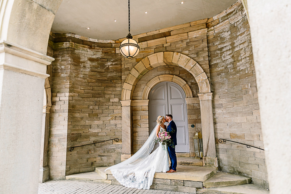 Bride Bridal Dress Gown Spaghetti Strap Lace Train Veil Hair Piece Navy Suit Groom Pink White Large Eucalyptus Bouquet Lartington Hall Wedding Hayley Baxter Photography