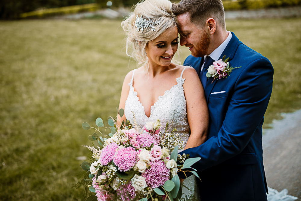 Bride Bridal Dress Gown Spaghetti Strap Lace Train Veil Hair Piece Navy Suit Groom Pink White Large Eucalyptus Bouquet Lartington Hall Wedding Hayley Baxter Photography