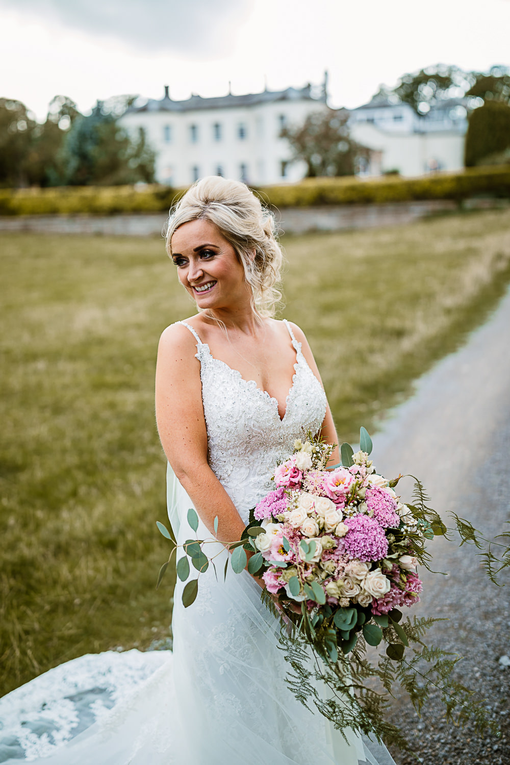 Bride Bridal Dress Gown Spaghetti Strap Lace Train Veil Hair Piece Pink White Large Eucalyptus Bouquet Lartington Hall Wedding Hayley Baxter Photography