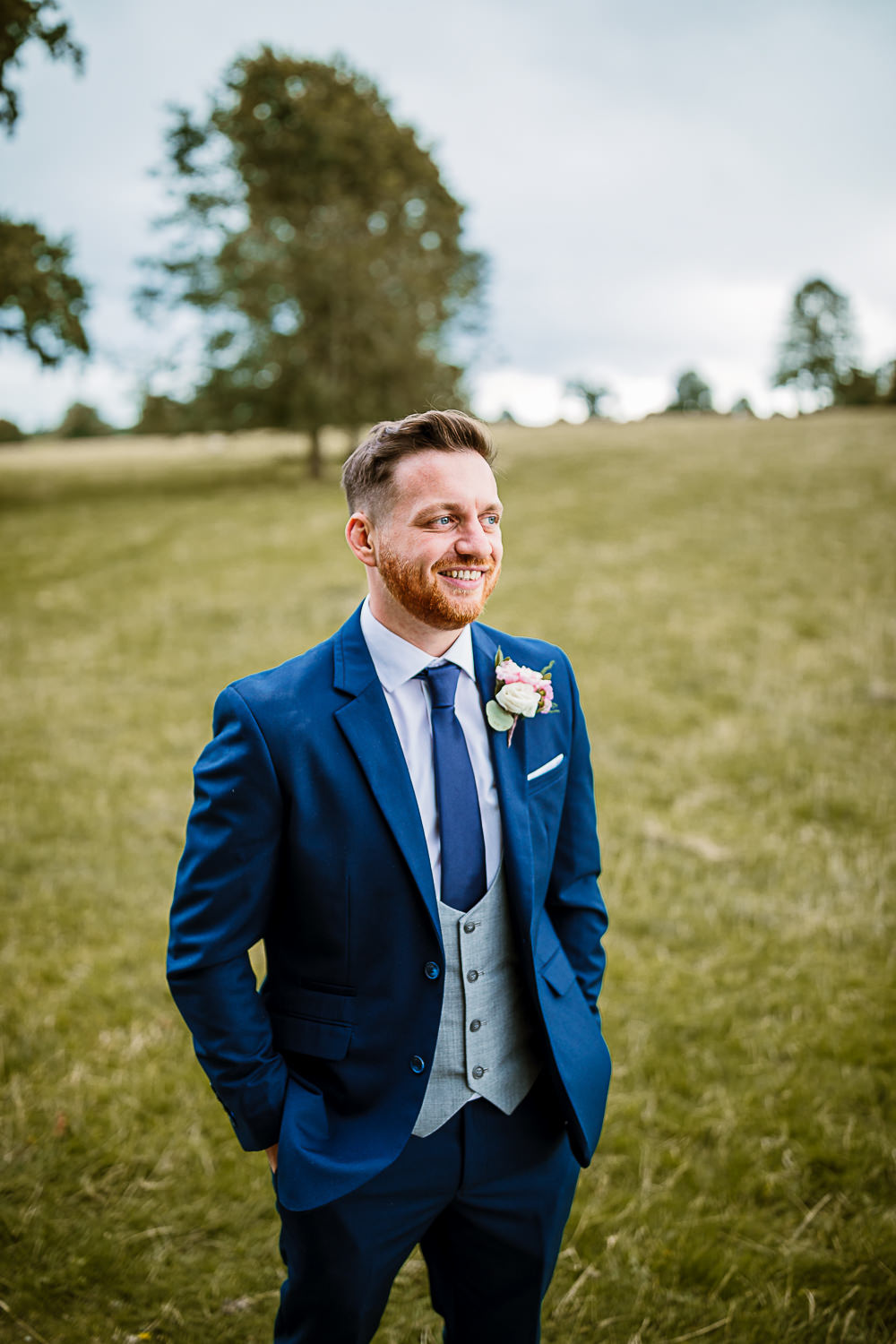 Navy Suit Grey Bib Waistcoat Groom Lartington Hall Wedding Hayley Baxter Photography