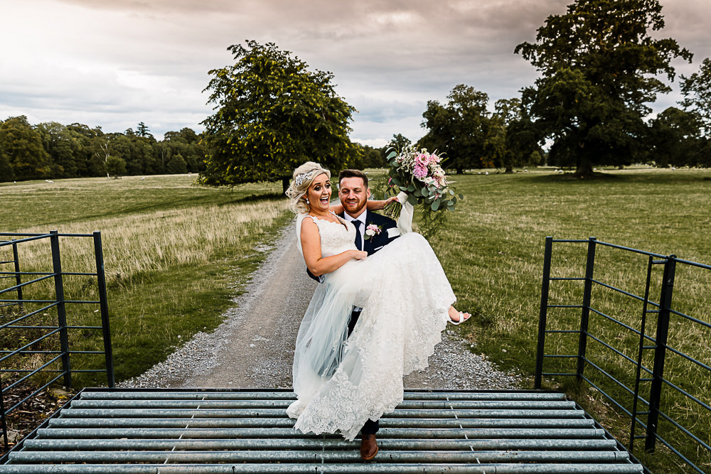 Bride Bridal Dress Gown Spaghetti Strap Lace Train Veil Hair Piece Navy Suit Groom Pink White Large Eucalyptus Bouquet Lartington Hall Wedding Hayley Baxter Photography