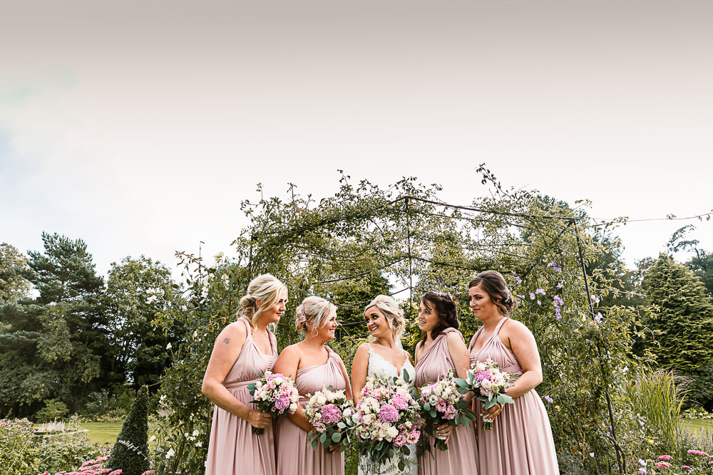 Bride Bridal Dress Gown Spaghetti Strap Lace Train Veil Hair Piece Multiway Bridesmaids Pink White Large Eucalyptus Bouquet Lartington Hall Wedding Hayley Baxter Photography