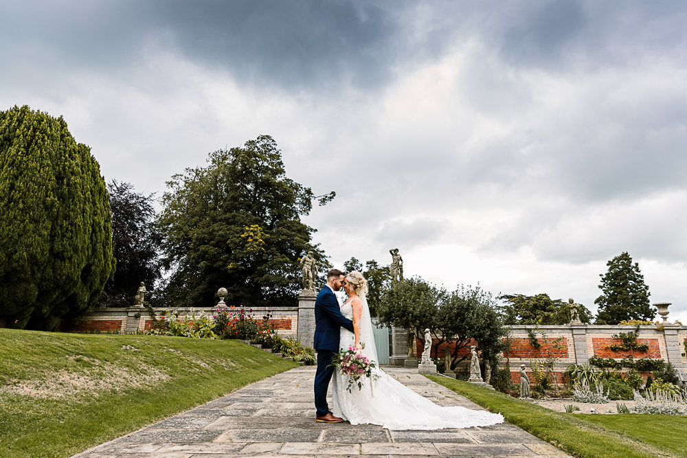 Bride Bridal Dress Gown Spaghetti Strap Lace Train Veil Hair Piece Navy Suit Groom Pink White Large Eucalyptus Bouquet Lartington Hall Wedding Hayley Baxter Photography