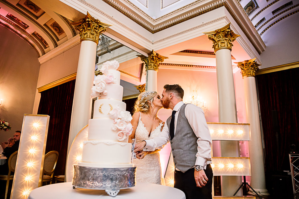 Bride Bridal Dress Gown Spaghetti Strap Lace Hair Piece Waistcoat Groom Cake Cutting Five Tier Monogram Icing Flowers Lartington Hall Wedding Hayley Baxter Photography