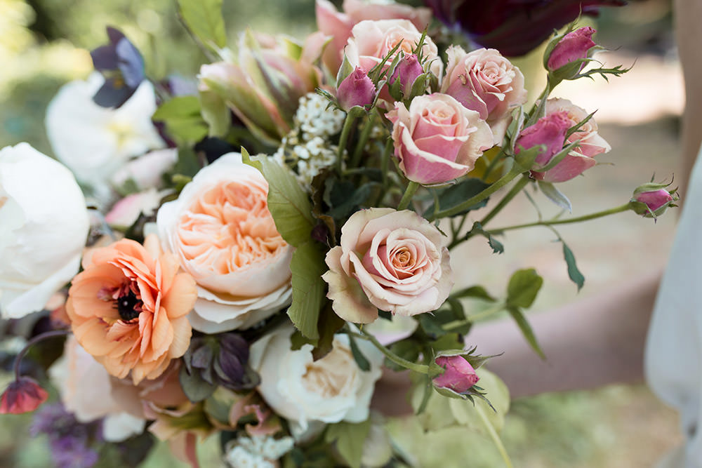 Bouquet Flowers Bride Bridal Coral Peach Roses Burgundy Tulips Ribbons Light Airy Summer Wedding Ideas Charlotte Palazzo Photography