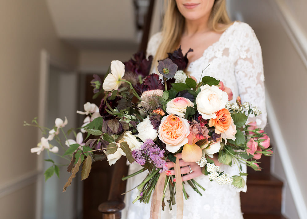 Bouquet Flowers Bride Bridal Coral Peach Roses Burgundy Tulips Ribbons Light Airy Summer Wedding Ideas Charlotte Palazzo Photography