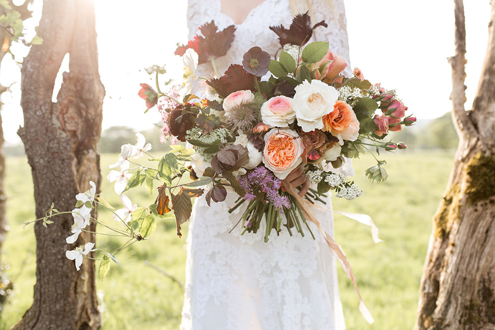 Bouquet Flowers Bride Bridal Coral Peach Roses Burgundy Tulips Ribbons Light Airy Summer Wedding Ideas Charlotte Palazzo Photography