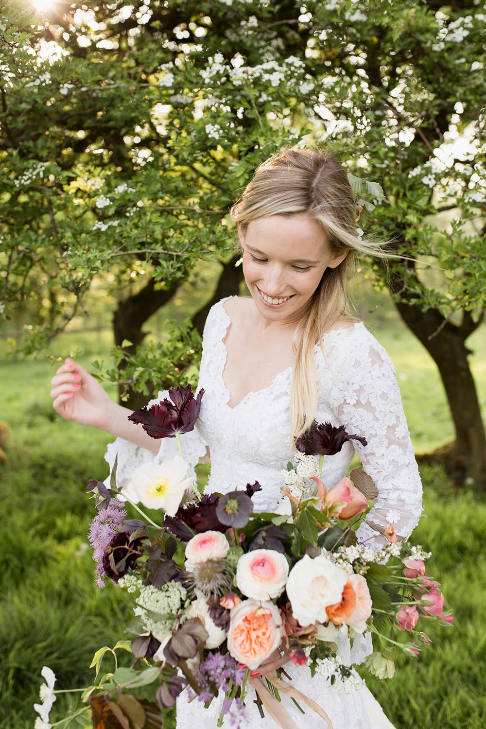 Bouquet Flowers Bride Bridal Coral Peach Roses Burgundy Tulips Ribbons Light Airy Summer Wedding Ideas Charlotte Palazzo Photography
