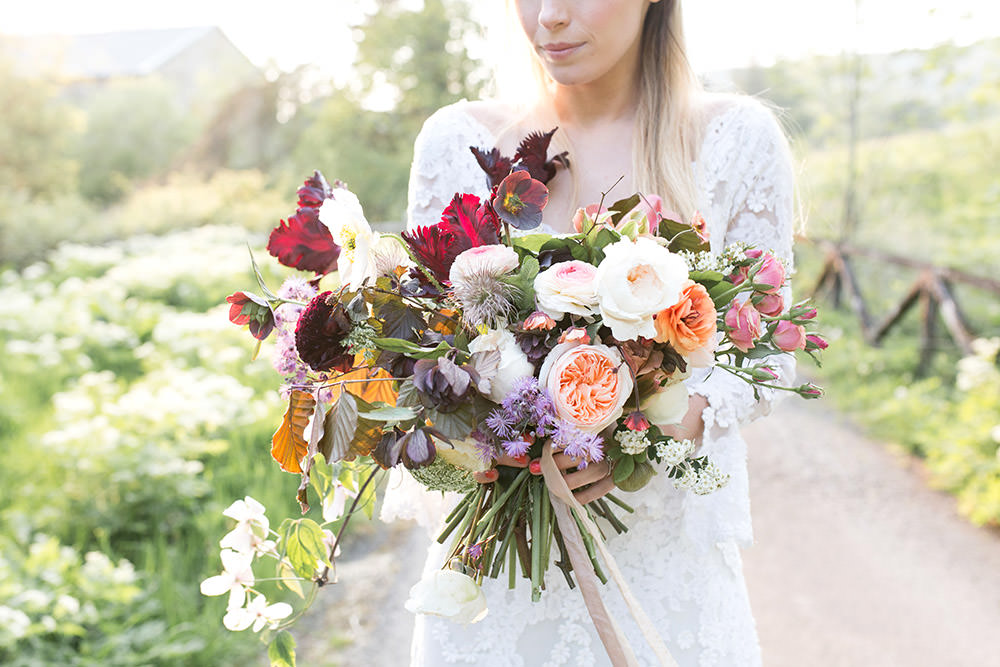 Bouquet Flowers Bride Bridal Coral Peach Roses Burgundy Tulips Ribbons Light Airy Summer Wedding Ideas Charlotte Palazzo Photography