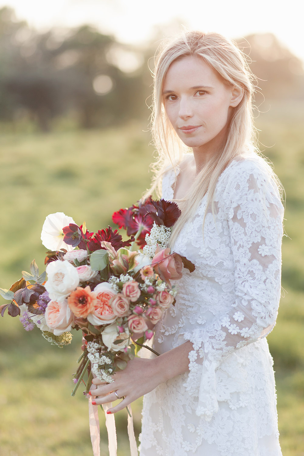 Bride Bridal Dress Gown Lace Sleeves Train Bouquet Flowers Bride Bridal Coral Peach Roses Burgundy Tulips Ribbons Light Airy Summer Wedding Ideas Charlotte Palazzo Photography