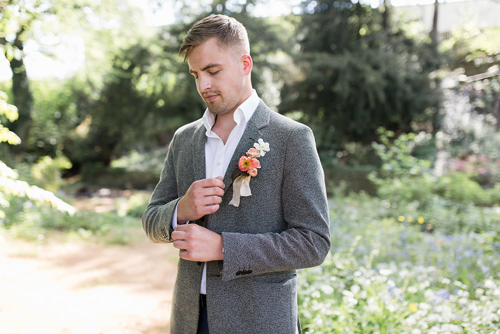 Groom Suit Grey Open Collar Shirt Coral Buttonhole Light Airy Summer Wedding Ideas Charlotte Palazzo Photography