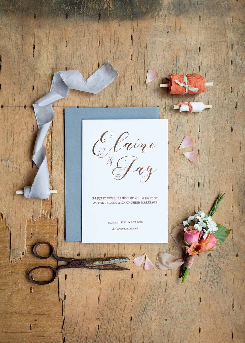 Stationery Suite Invite Invitations Flat Lay Calligraphy Letterpress Blue Grey Light Airy Summer Wedding Ideas Charlotte Palazzo Photography