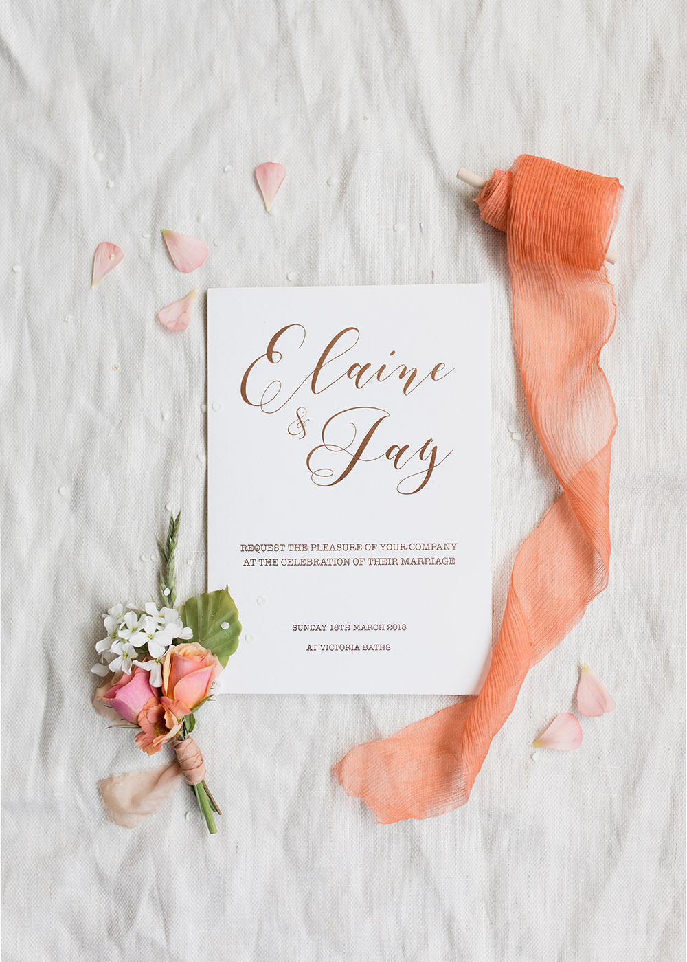 Stationery Suite Invite Invitations Flat Lay Calligraphy Letterpress Coral Light Airy Summer Wedding Ideas Charlotte Palazzo Photography