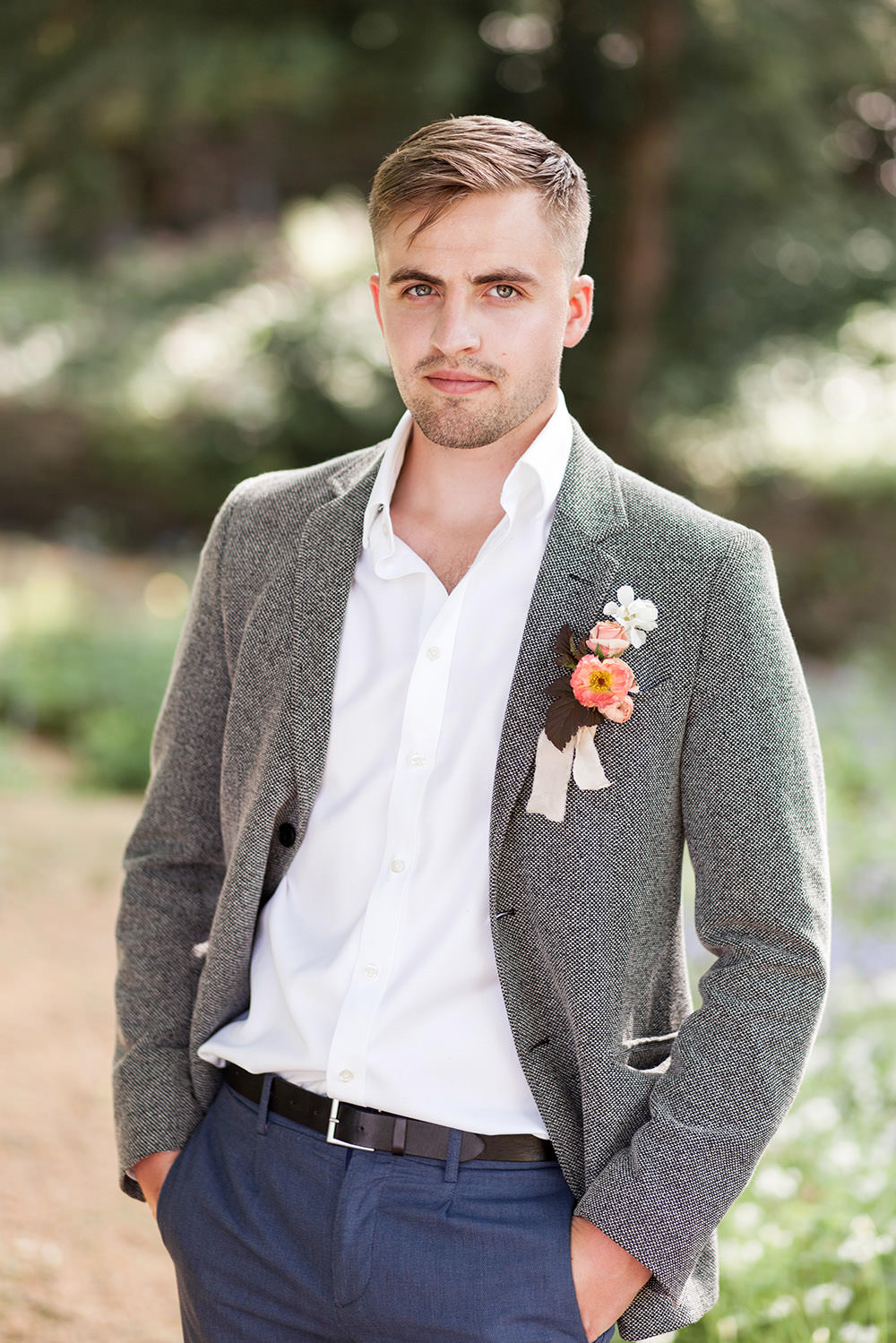 Groom Suit Grey Open Collar Shirt Coral Buttonhole Light Airy Summer Wedding Ideas Charlotte Palazzo Photography