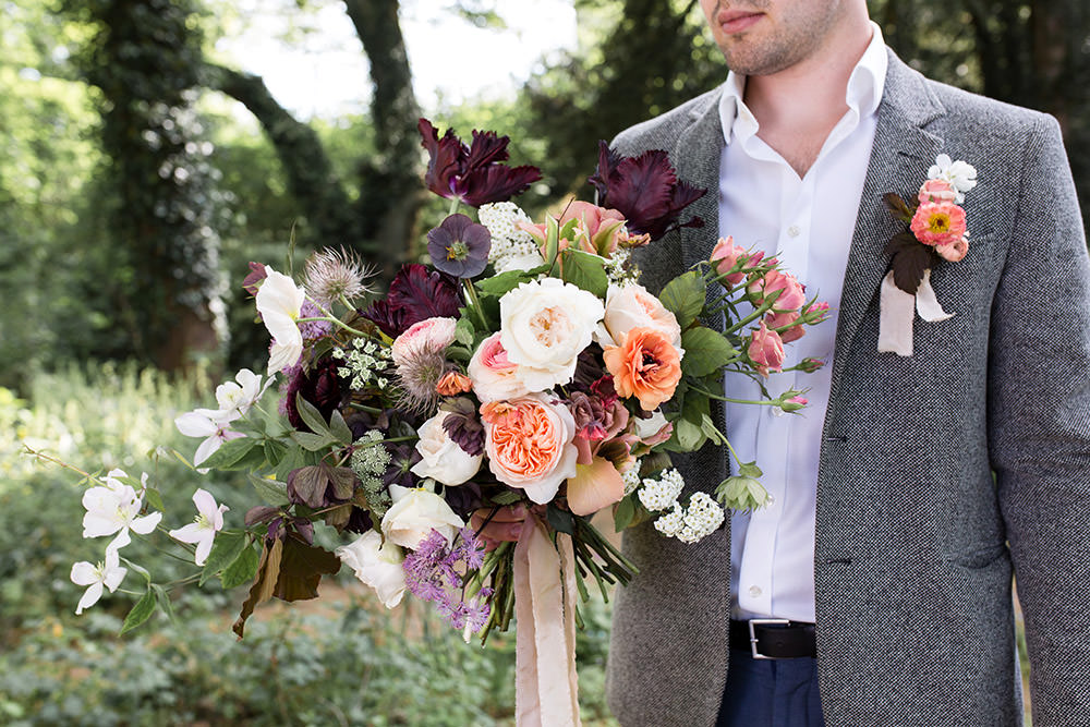 Bouquet Flowers Bride Bridal Coral Peach Roses Burgundy Tulips Ribbons Light Airy Summer Wedding Ideas Charlotte Palazzo Photography