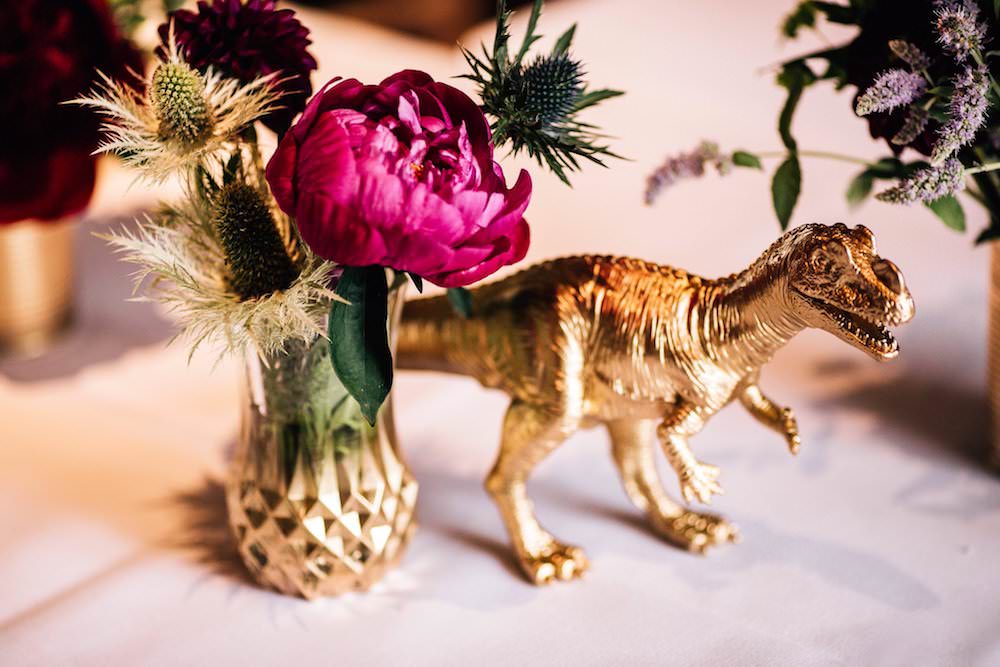 Gold Dinosaur Vase Peony Jewel Tone Flowers Floral Micklefield Hall Wedding Red On Blonde Photography
