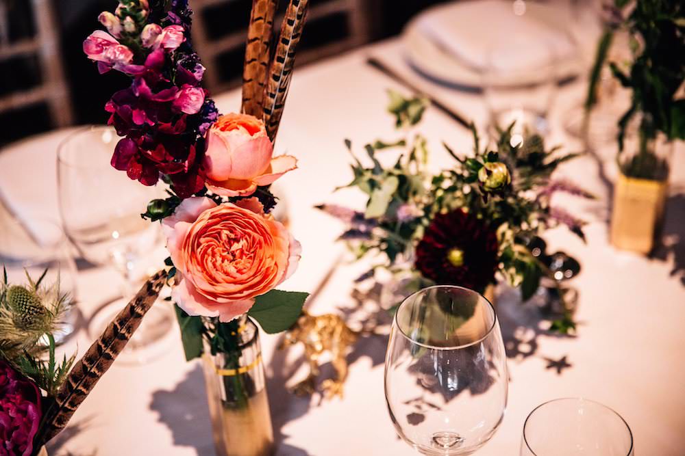 Table Centre Bud Vase Pink Purple Flowers Feather Micklefield Hall Wedding Red On Blonde Photography