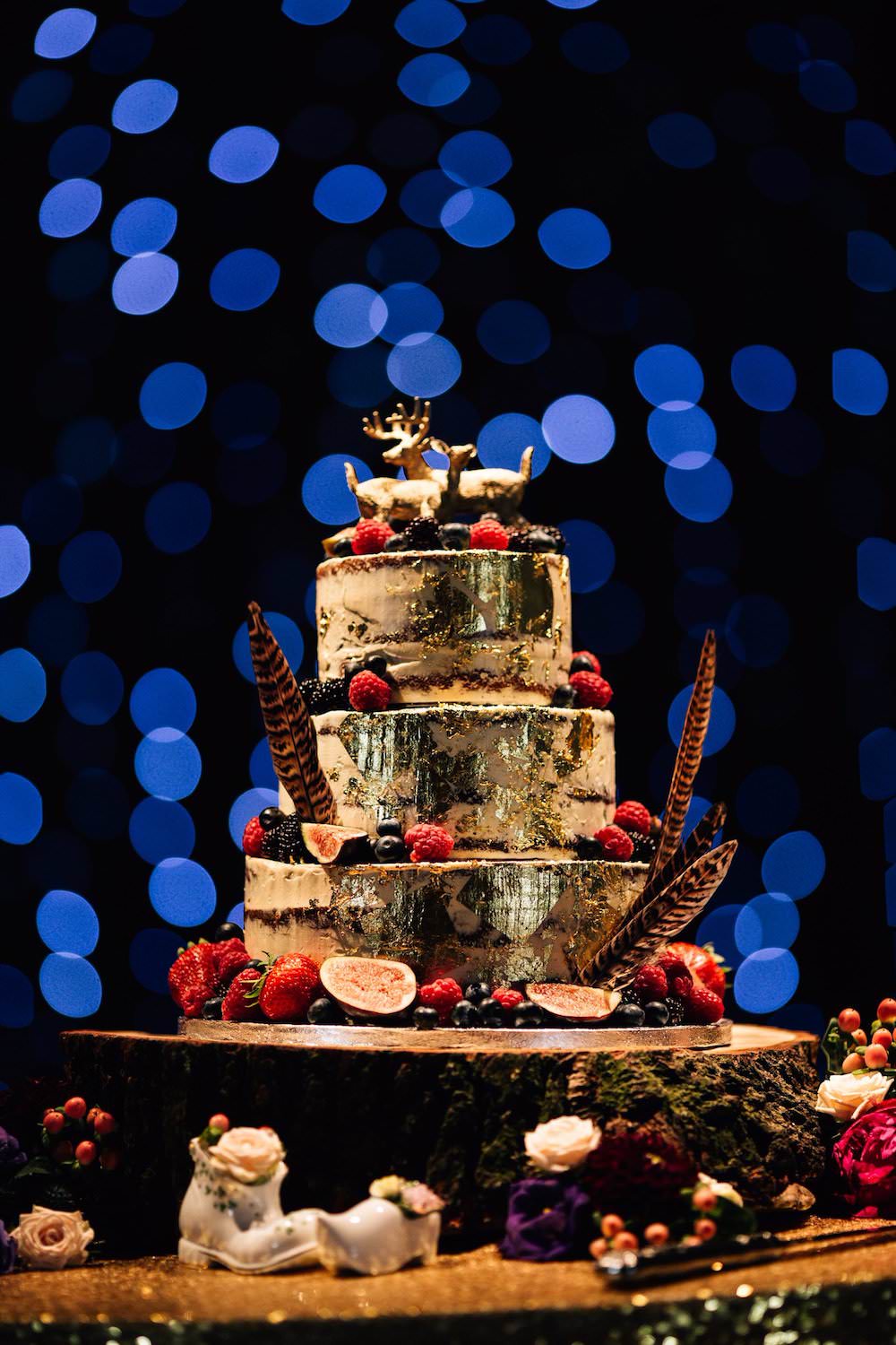 Semi Naked Cake Gold Leaf Feather Doe Stag Topper Fruit Micklefield Hall Wedding Red On Blonde Photography