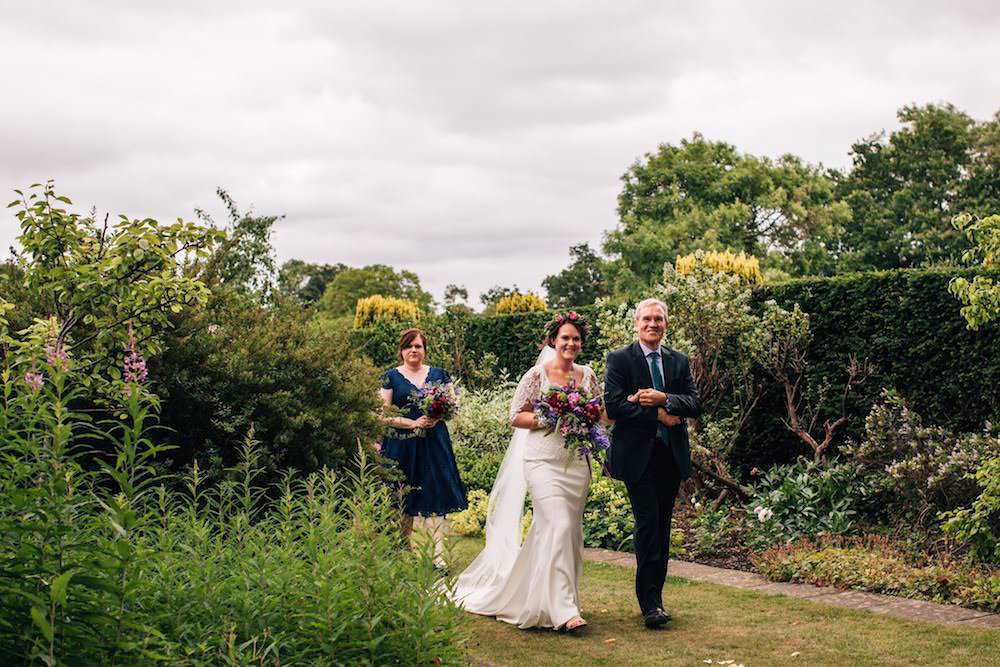 Bride Bridal Dress Gown Lace Sleeves Bodice Train Flower Crown Bouquet Jewel Tone Pink Blue Micklefield Hall Wedding Red On Blonde Photography