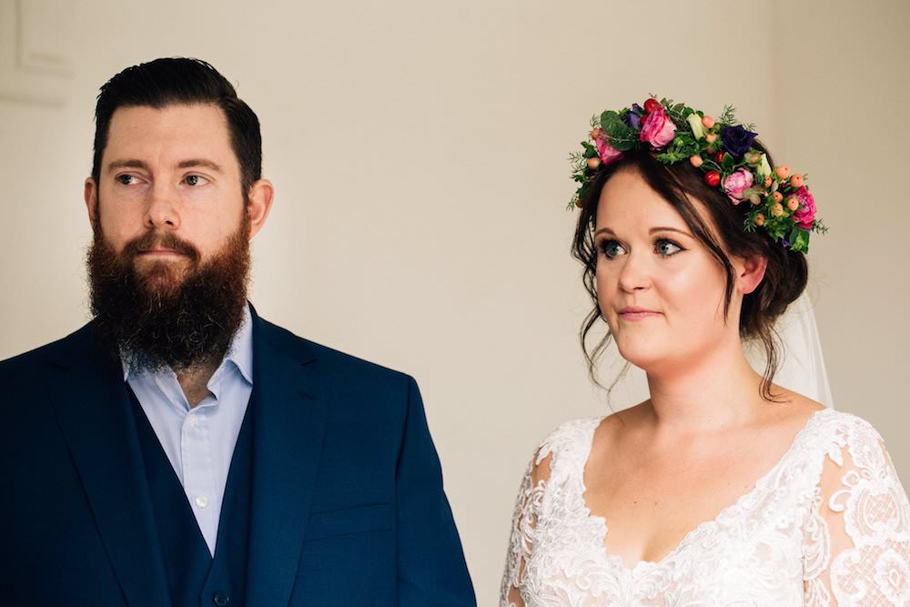Bride Bridal Dress Gown Lace Sleeves Bodice Train Flower Crown Blue Suit Groom Jewel Tone Pink Blue Micklefield Hall Wedding Red On Blonde Photography