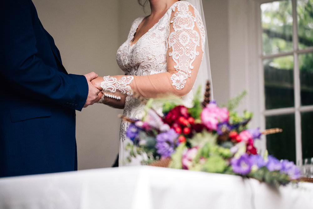 Bride Bridal Dress Gown Lace Sleeves Bodice Train Flower Crown Blue Suit Groom Bouquet Jewel Tone Pink Blue Micklefield Hall Wedding Red On Blonde Photography