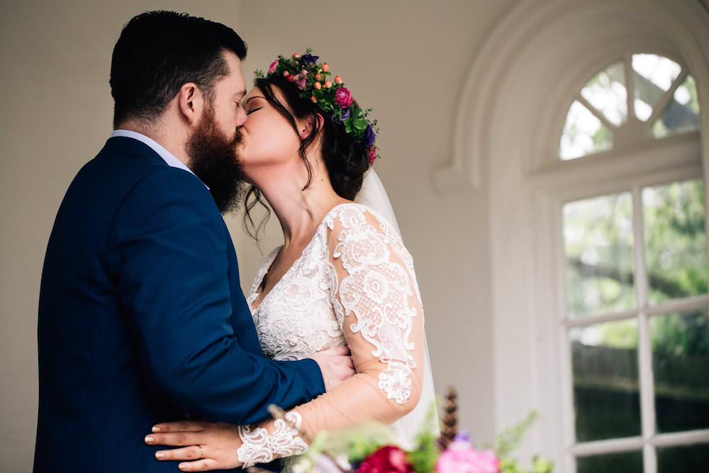 Bride Bridal Dress Gown Lace Sleeves Bodice Train Flower Crown Blue Suit Groom Jewel Tone Pink Blue Micklefield Hall Wedding Red On Blonde Photography