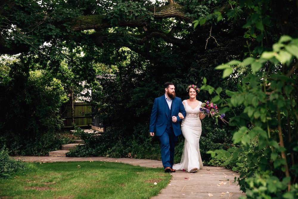 Bride Bridal Dress Gown Lace Sleeves Bodice Train Flower Crown Blue Suit Groom Bouquet Jewel Tone Pink Blue Micklefield Hall Wedding Red On Blonde Photography