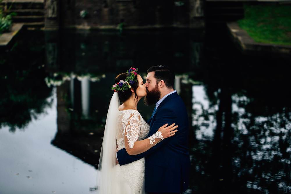 Bride Bridal Dress Gown Lace Sleeves Bodice Train Flower Crown Blue Suit Groom Jewel Tone Pink Blue Micklefield Hall Wedding Red On Blonde Photography