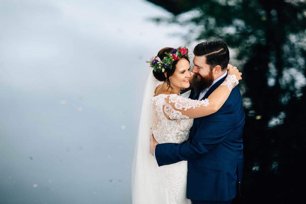 Bride Bridal Dress Gown Lace Sleeves Bodice Train Flower Crown Blue Suit Groom Jewel Tone Pink Micklefield Hall Wedding Red On Blonde Photography