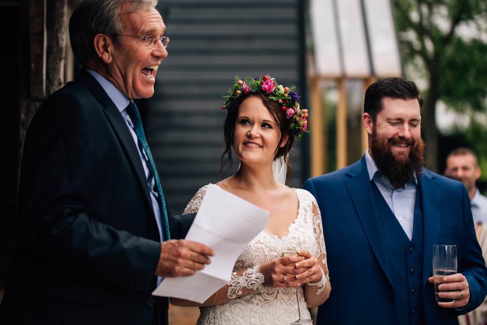 Bride Bridal Dress Gown Lace Sleeves Bodice Train Flower Crown Blue Suit Groom Jewel Tone Pink Micklefield Hall Wedding Red On Blonde Photography