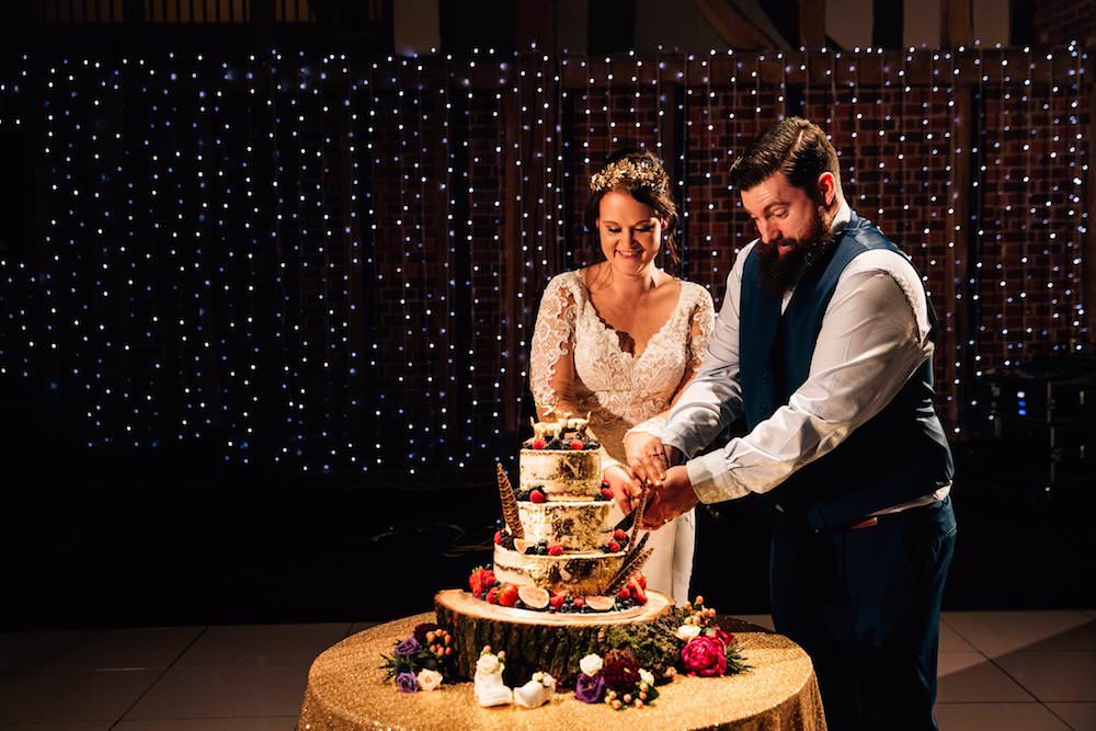 Bride Bridal Dress Gown Lace Sleeves Bodice Train Flower Crown Blue Suit Groom Jewel Tone Pink Semi Naked Cake Feather Gold Leaf Micklefield Hall Wedding Red On Blonde Photography