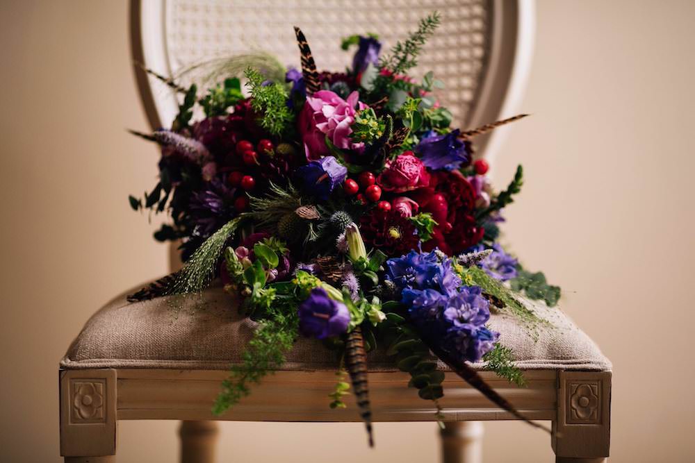 Bride Bridal Bouquet Jewel Tone Pink Purple Feather Micklefield Hall Wedding Red On Blonde Photography
