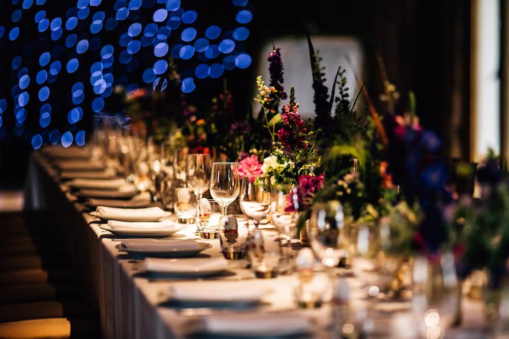 Jewel Tone Feather Florals Dinner Table Micklefield Hall Wedding Red On Blonde Photography