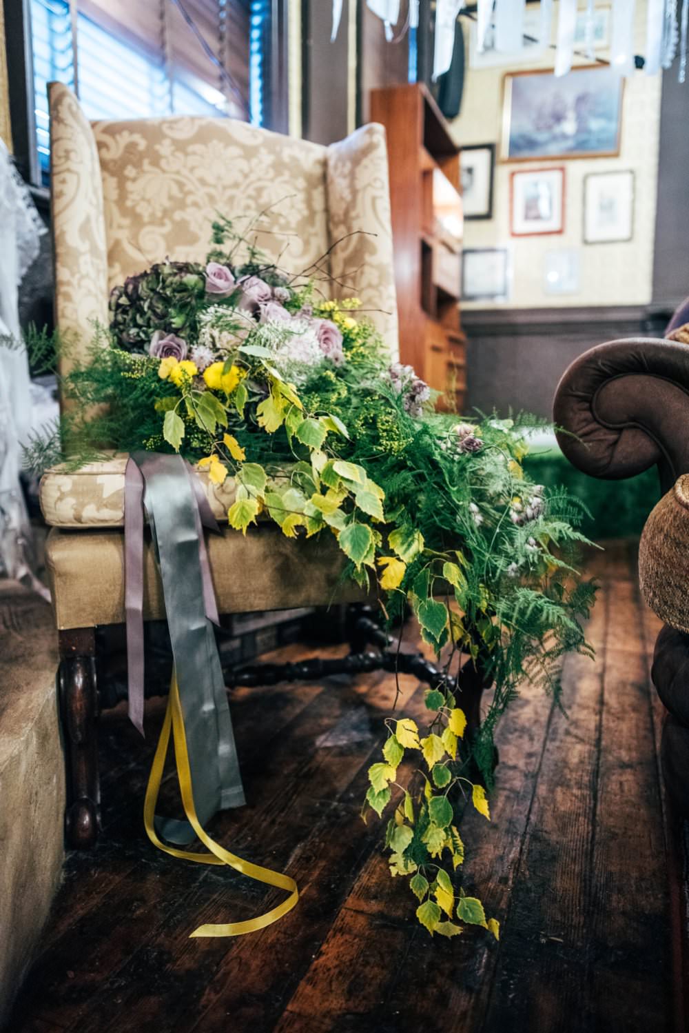Bouquet Flowers Bride Bridal Large Wild Cascading Oversized Trailing Ribbons Greenery Foliage Modern Pub Wedding Ideas Three Flowers Photography