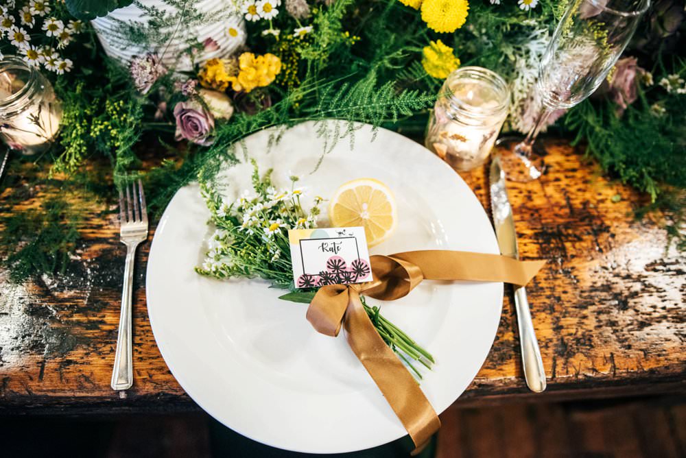 Place Setting Name Plate Ribon Greenery Foliage Rustic Table Modern Pub Wedding Ideas Three Flowers Photography
