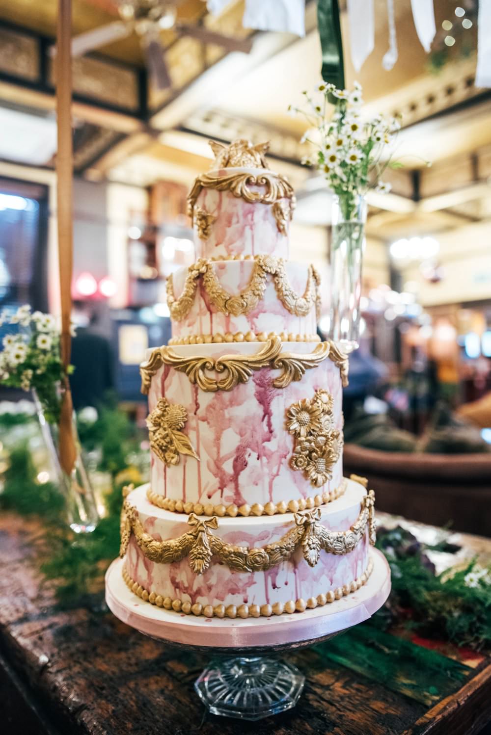 Grand Decadant Gold Pink Tier Cake Drip Watercolour Detailed Modern Pub Wedding Ideas Three Flowers Photography