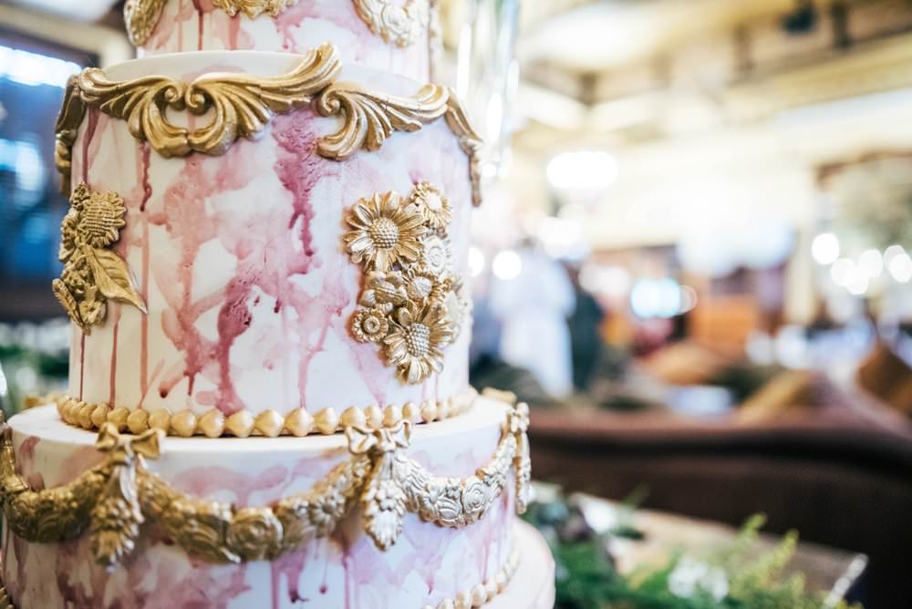 Grand Decadant Gold Pink Tier Cake Drip Watercolour Detailed Modern Pub Wedding Ideas Three Flowers Photography