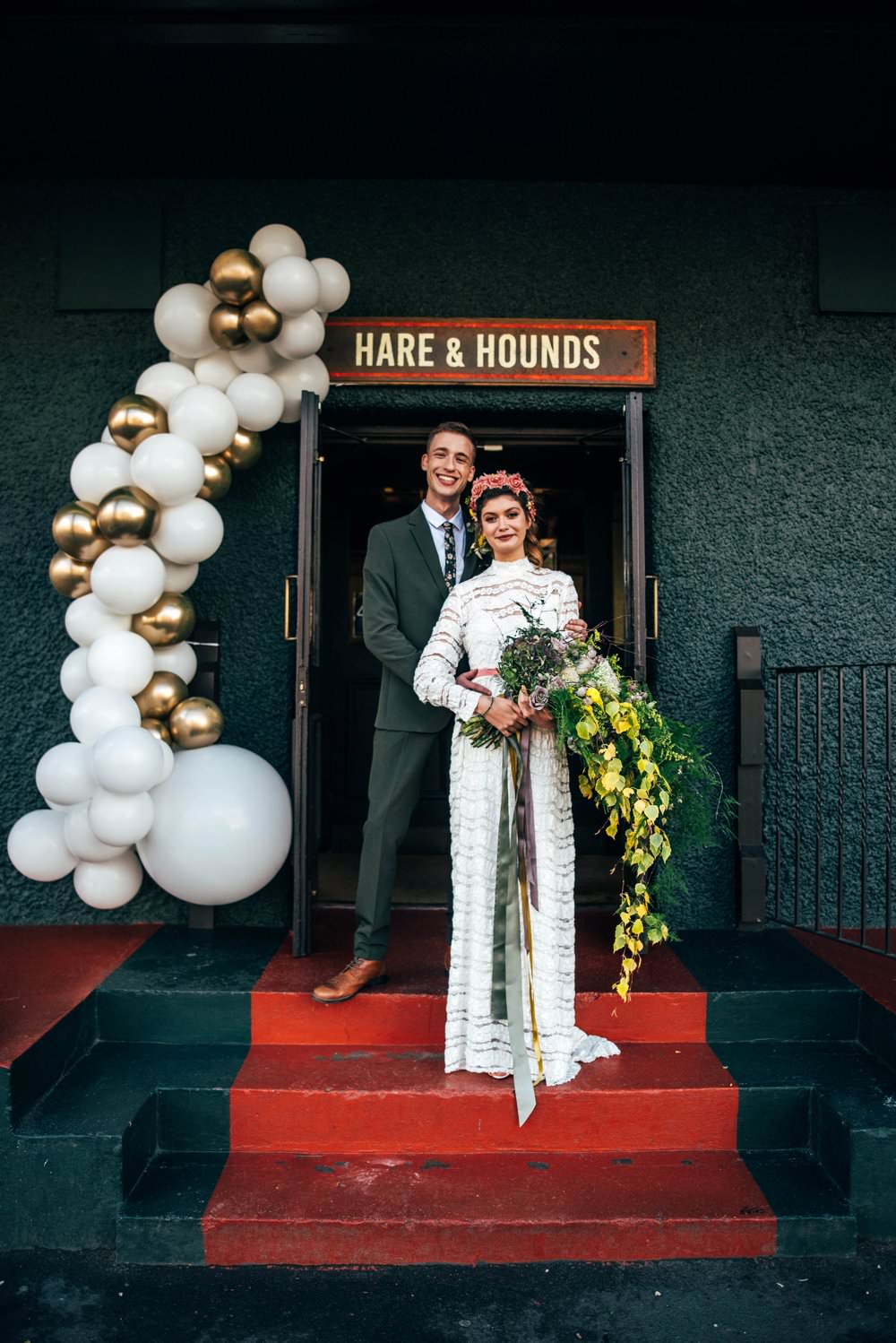 Balloon Installation Entrance Door Art White Gold Modern Pub Wedding Ideas Three Flowers Photography