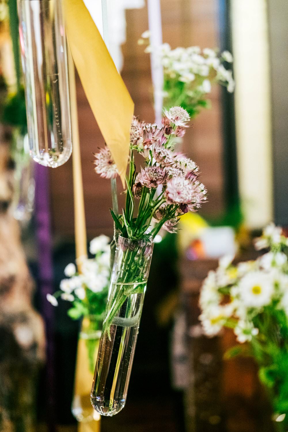 Test Tube Hanging Flowers Ribbons Modern Pub Wedding Ideas Three Flowers Photography