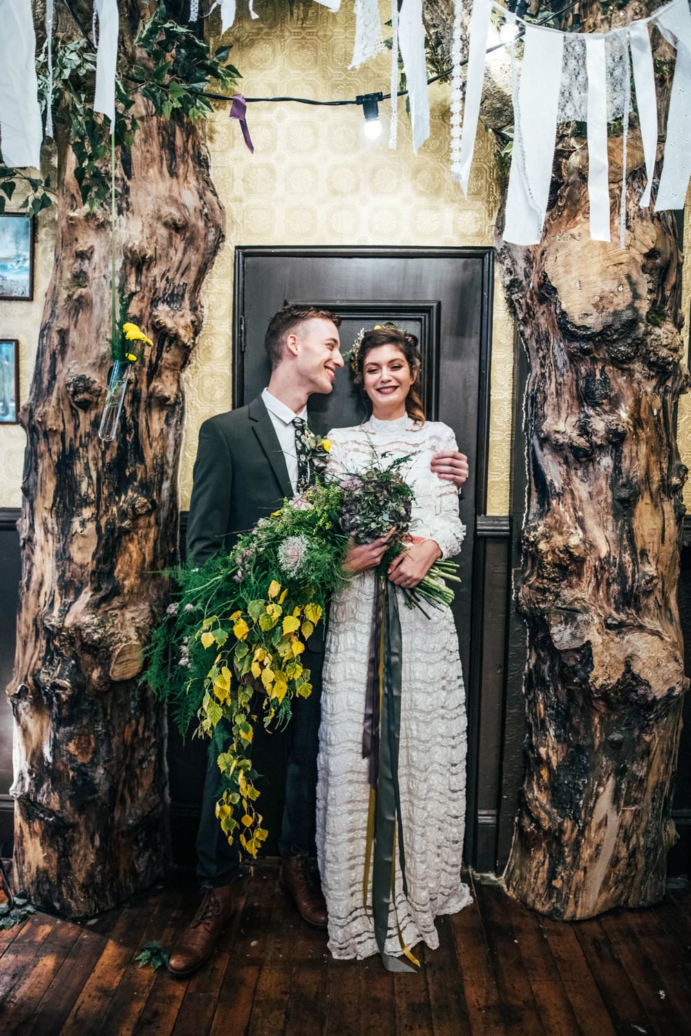 Bouquet Flowers Bride Bridal Large Wild Cascading Oversized Trailing Ribbons Greenery Foliage Rose Hydrangea Modern Pub Wedding Ideas Three Flowers Photography