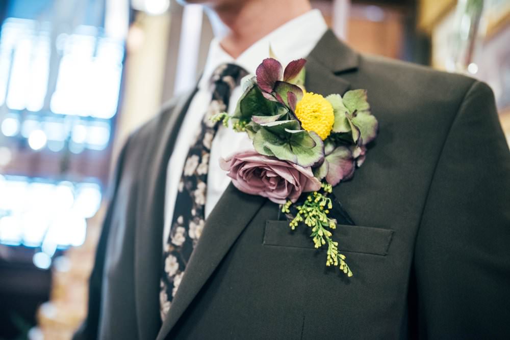 Buttonhole Flowers Rose Hydrangea Groom Modern Pub Wedding Ideas Three Flowers Photography
