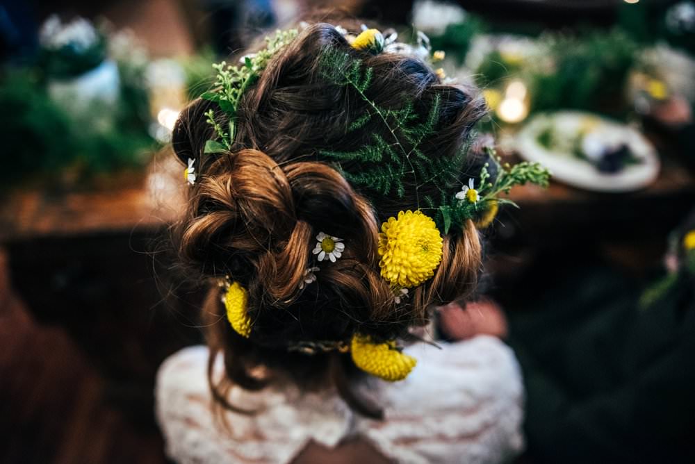 Hair Style Up Do Bride Bridal Flowers Floral Rustic Modern Pub Wedding Ideas Three Flowers Photography