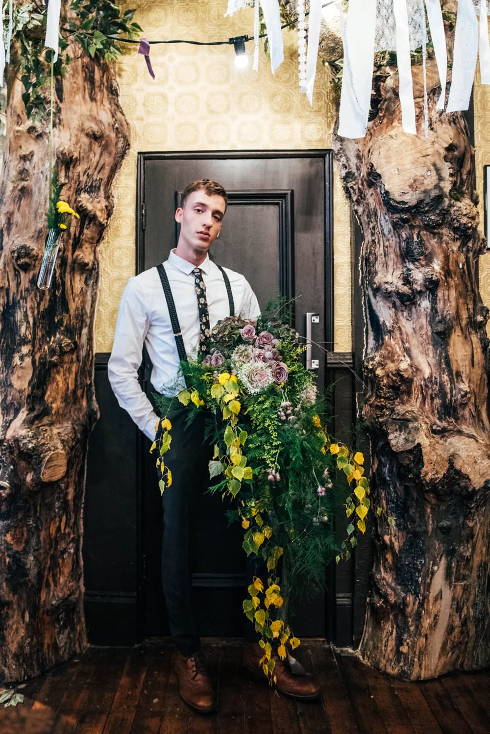Bouquet Flowers Bride Bridal Large Wild Cascading Oversized Trailing Ribbons Greenery Foliage Rose Hydrangea Modern Pub Wedding Ideas Three Flowers Photography