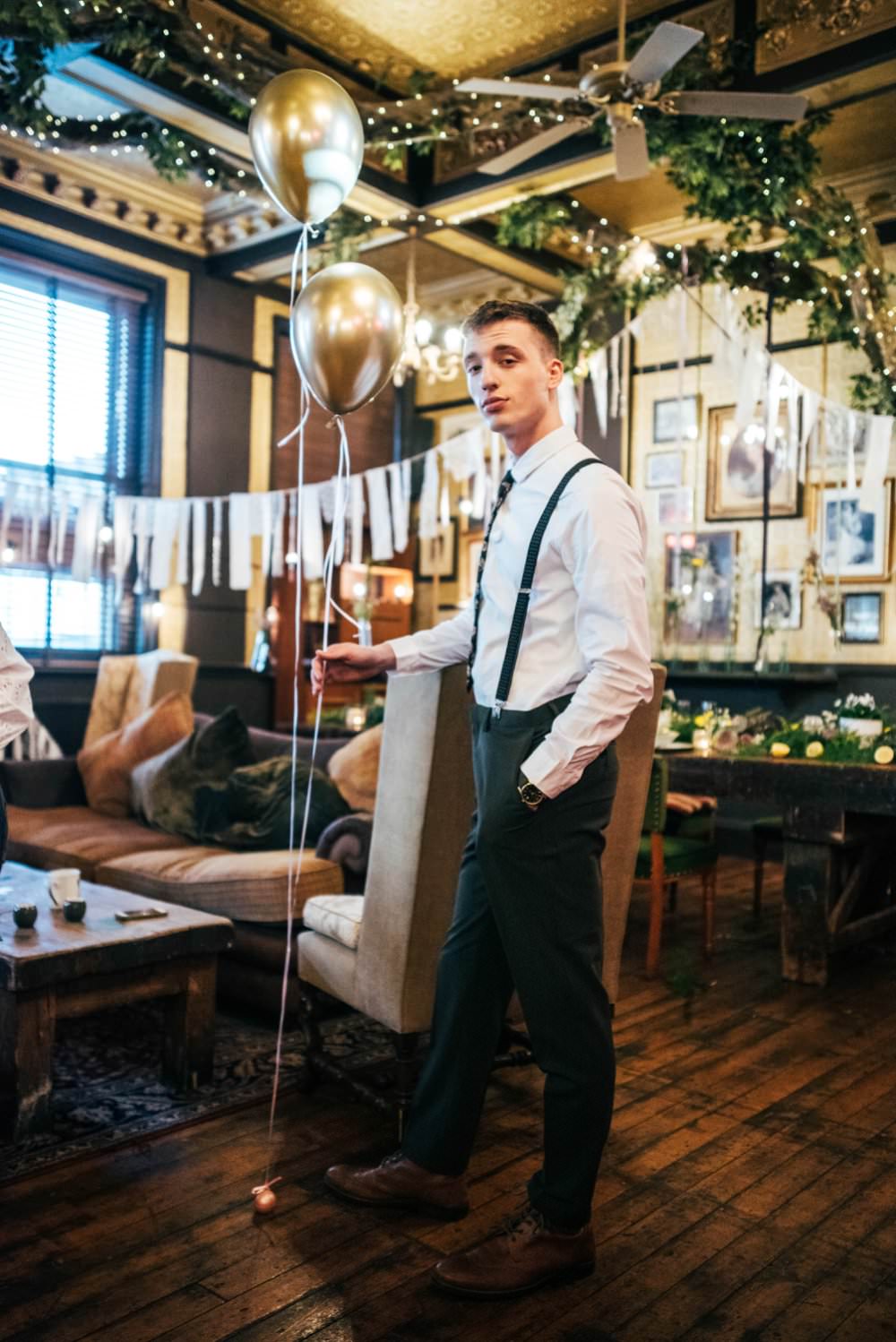 Groom Braces Shirt Trousers Floral Tie Modern Pub Wedding Ideas Three Flowers Photography